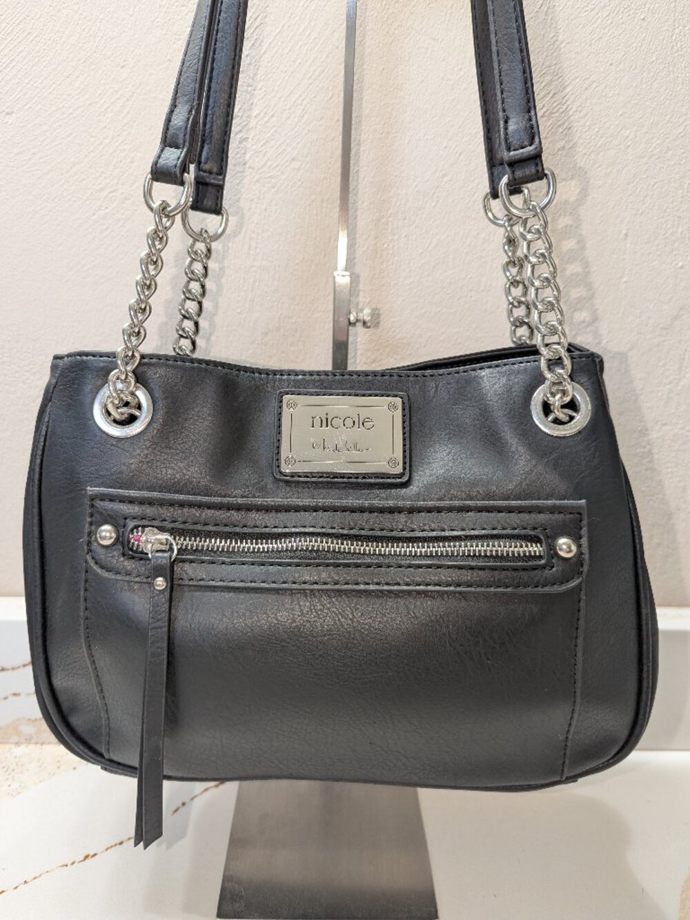Nicole Miller black shoulder bag with chains. EUC!